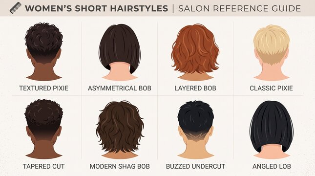 Womens short hairstyle guide back view with pixie bob and undercut styles