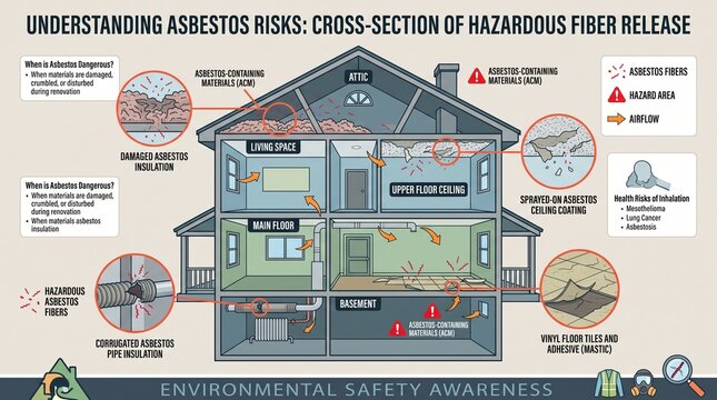 Cross Section Educational Illustration of Hazardous Asbestos Locations in Residential Home