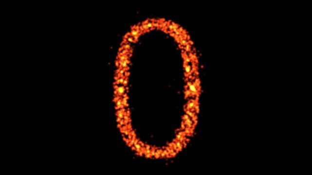 3D Explosion Forming Number Zero with Fiery Particles on Black Background