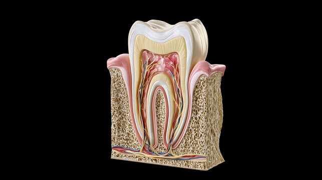 Detailed cross section of human tooth anatomy showing pulp dentin enamel root and surrounding jaw bone