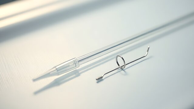 Slender balloon catheter and miniature stent on surgical tray, metallic shine.