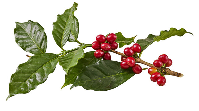 Coffee branch with red berries and green leaves