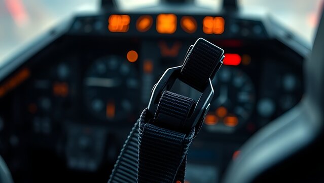 Close-up of a fighter jet ejection seat handle, warning lights in background.