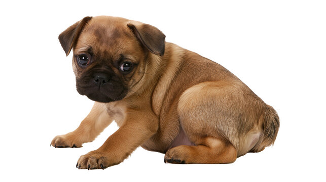 Puggle puppy dog with fawn coat and black muzzle sitting