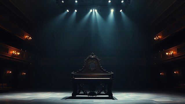 Ornate harpsichord on an empty stage under a spotlight in a vintage concert hall.