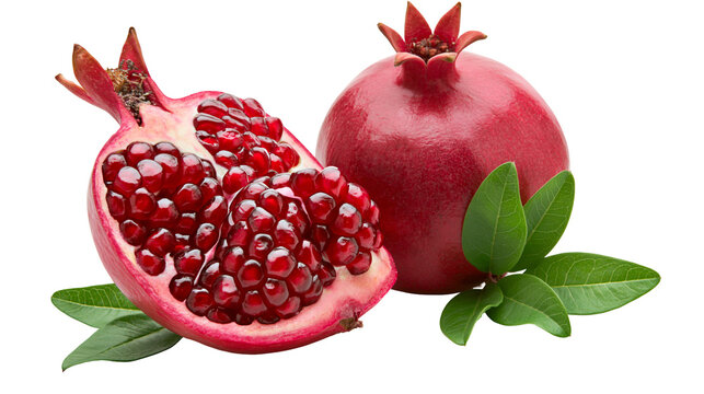 Whole and halved ripe pomegranate with arils and green leaves