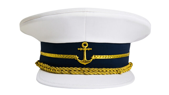 White navy officer cap with gold anchor emblem and trim