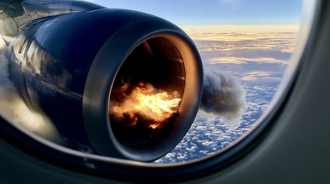 airplane aircraft engine fire burning smoke emergency aviation turbine jet flight inside cabin, burning aircraft engine failure, aviation crisis, mechanical malfunction, safety risk emergency scenario
