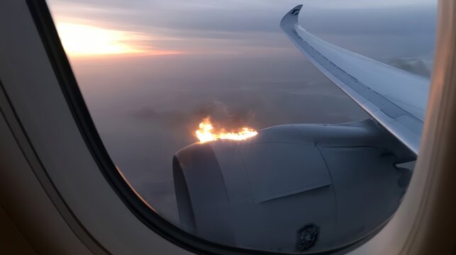 airplane aircraft engine fire burning smoke emergency aviation turbine jet flight inside cabin, burning aircraft engine failure, aviation crisis, mechanical malfunction, safety risk emergency scenario