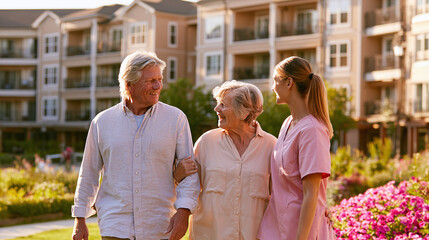 Naklejka premium Caregiver with senior couple enjoying a walk outdoors in assisted living