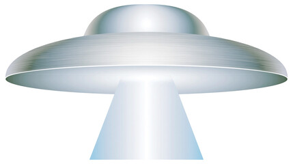 Silver metallic flying saucer with light beam © Patricia