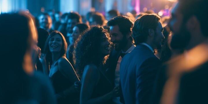 Happy young couple smiling and talking closely among crowd at a lively indoor party with blue and orange lighting, representing nightlife entertainment and romantic social event concepts