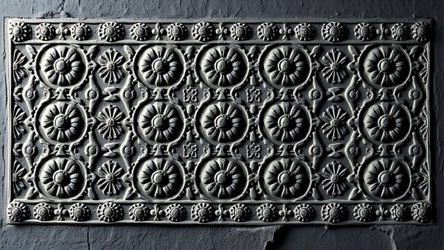 Assyrian bas-relief with symmetrical rosettes and geometric patterns on dark plaster.