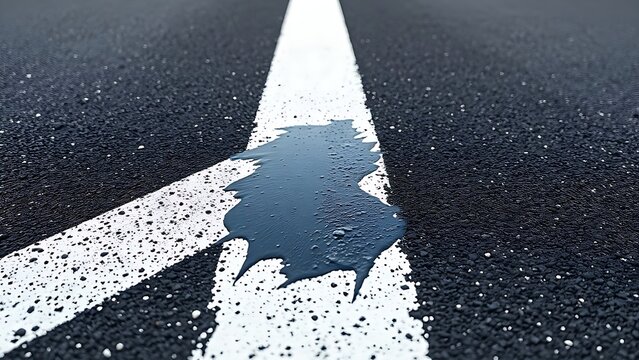 Close-up of a white road line on asphalt, a section painted over with black.