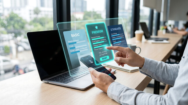 A professional person interacts with a futuristic digital interface displaying various subscription pricing plan options clearly