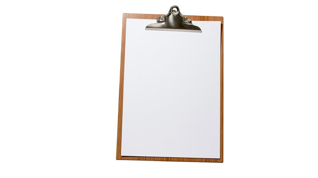 Wooden clipboard with blank white paper and metal clip