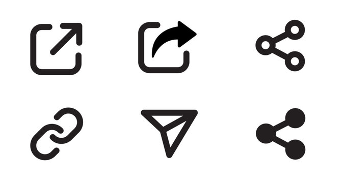 share, link, and send icon set in outline style. External link, forward, chain, share nodes, and send arrow vector symbols for UI, app, and web design.