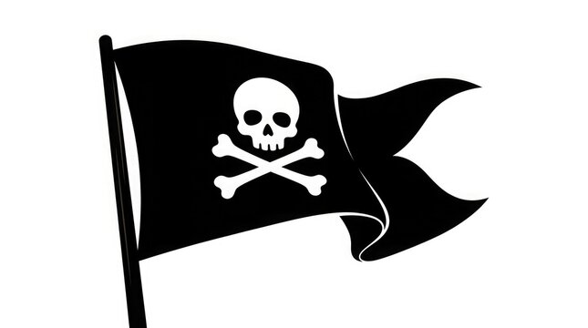 Jolly roger pirate flag illustration with skull and crossbones on white background