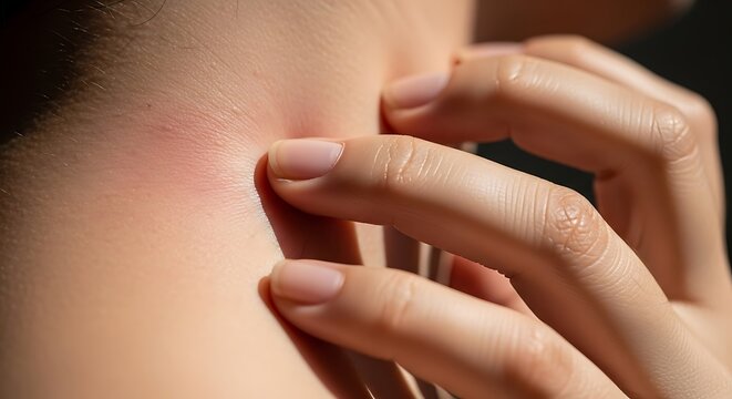 Close up of a person scratching an itchy red rash on their neck.