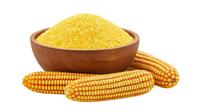 Wooden bowl filled with yellow cornmeal and whole corn cobs
