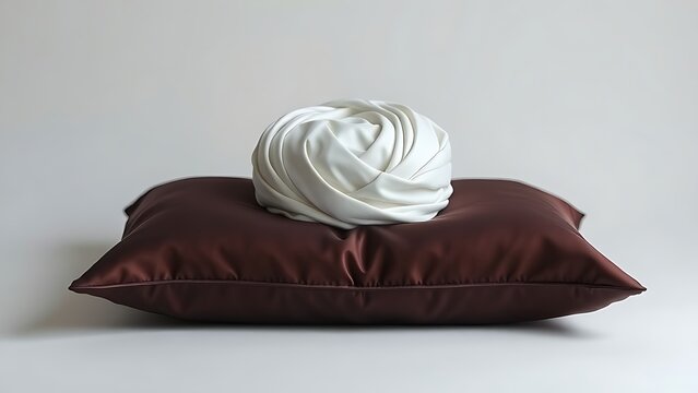 Neatly folded white kufiyah on dark silk cushion, symbolic composition.