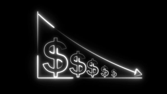 Bright white neon dollar signs arranged in a descending bar chart sequence on a solid black background representing financial loss and market decline