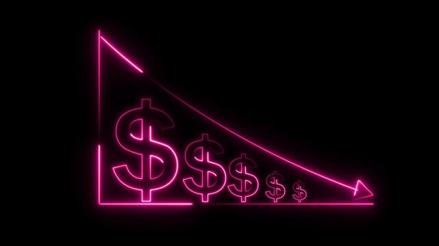 Glowing pink neon dollar signs arranged in a descending bar chart sequence on a solid black background representing financial loss and market decline