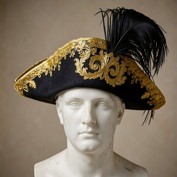 Luxurious French Empire bicorne hat, decorated with golden embroidered lace on the brim, black ostrich feather plume tucked inside the fold, resting on a marble bust (without face, just the base), ele