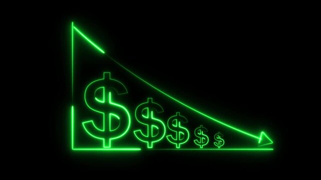 Glowing green neon dollar signs arranged in a descending bar chart sequence on a solid black background representing financial loss and market decline