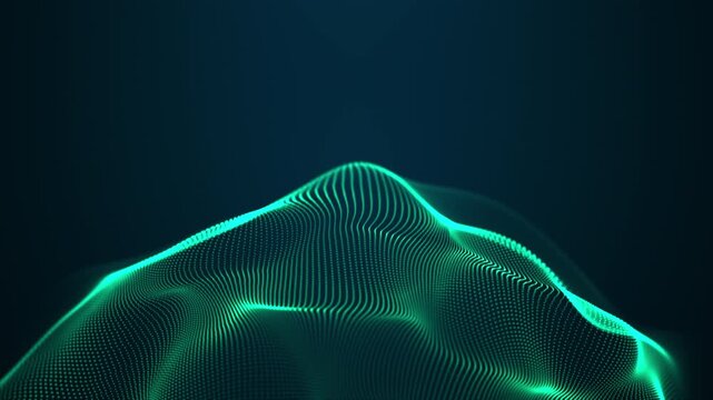 Green digital mesh wave rises across a dark banner with empty space, a 4K 60fps seamless loop for AI analytics, cyber data, dashboards and tech promos.
