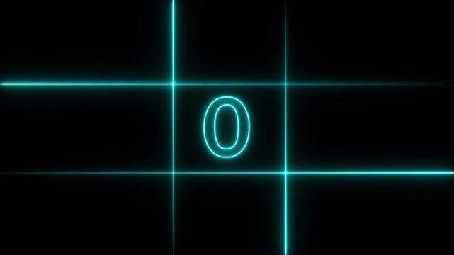 Glowing cyan neon number three centered in a bright grid frame against a dark black background for digital countdown or timer display