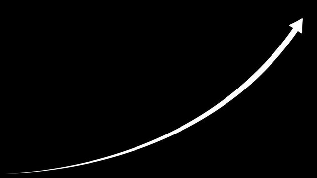 Simple white curved arrow pointing upwards and to the right on a solid black background representing growth progress and positive financial trends