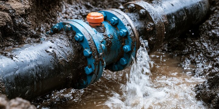 Water leaking from a broken underground pipe joint with blue metal flange in muddy soil, illustrating plumbing repair and representing infrastructure damage