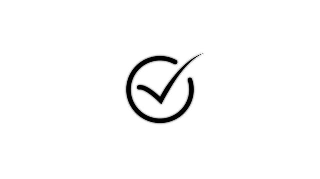 Black hand drawn style checkmark symbol inside a circle on a solid white background representing a simple choice or a positive confirmation action