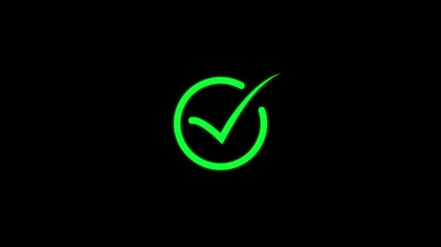 Bright neon green checkmark symbol inside a circular outline isolated on a solid black background representing success and task completion status