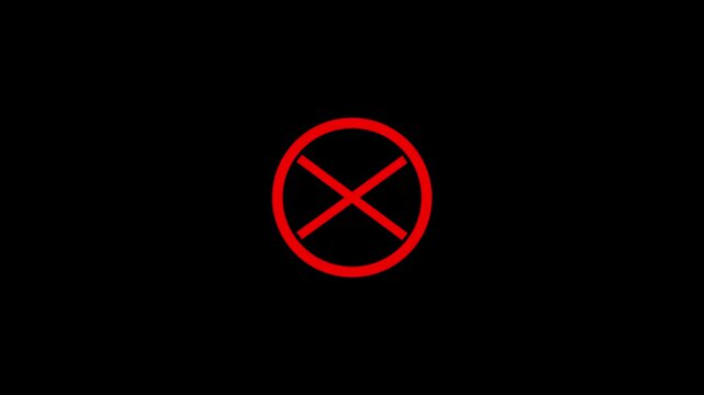 Red cross mark symbol inside a circular outline isolated on a solid black background representing cancellation or incorrect choice selection
