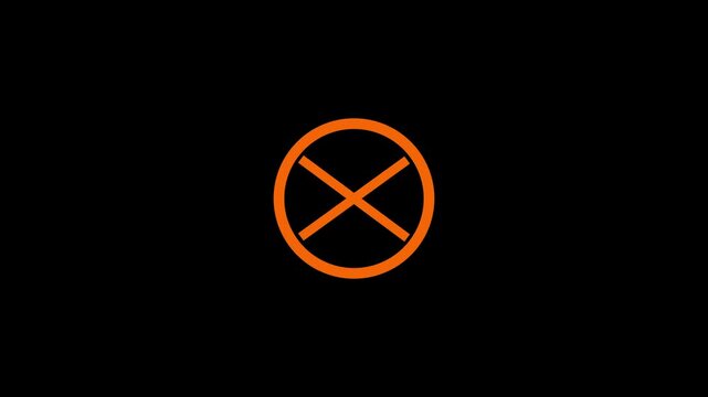 Orange cross mark symbol inside a circular outline isolated on a solid black background representing cancellation or incorrect choice selection