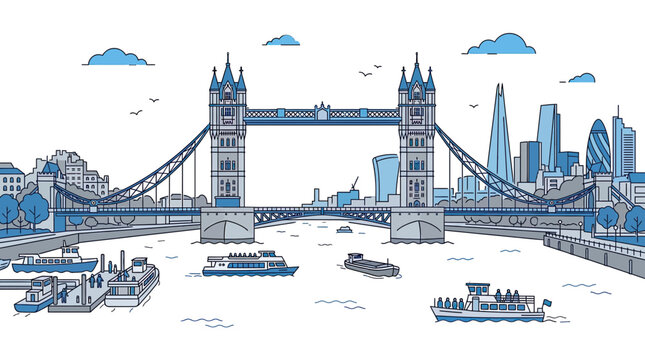 London Skyline with Tower Bridge and River Thames illustration