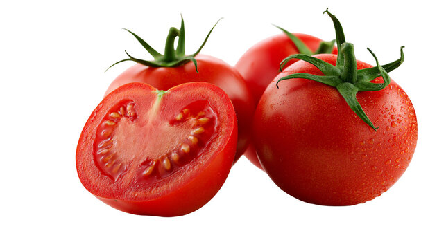 Fresh red tomatoes, one cut in half showing seeds and pulp