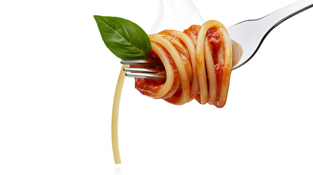 Spaghetti with tomato sauce and basil leaf on fork