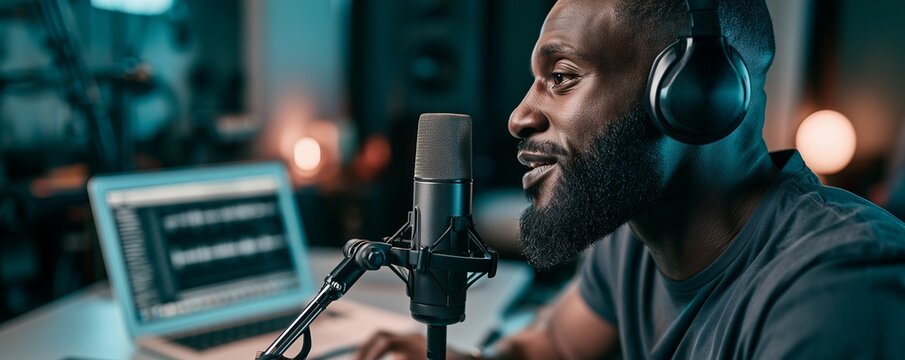 Smiling black man wearing headphones speaking into professional microphone in a home studio with laptop, illustrating professional podcasting and digital audio content creation