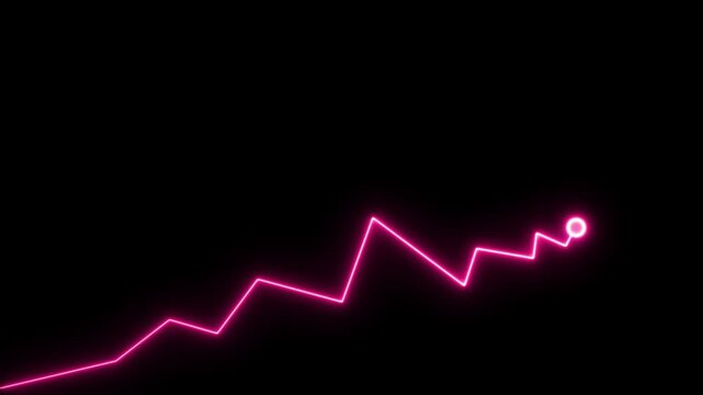 Glowing neon pink line graph showing an upward trend with a circular data point at the end isolated on a solid black background for business data