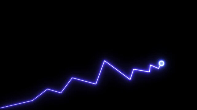 Glowing blue neon line graph showing upward trend with a circular point on a black background for financial data analysis and business growth