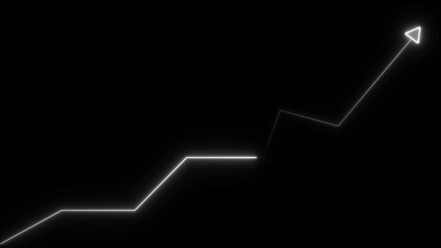 Glowing white neon line graph with an arrow pointing upward on a black background representing business growth and financial success metrics