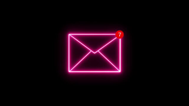 Glowing pink neon outline of a closed envelope centered on a solid black background for digital communication and messaging concepts