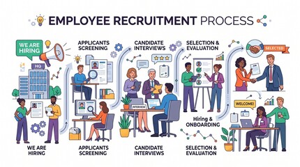 Fototapeta premium An illustrative infographic detailing the complete employee recruitment process from initial hiring announcement to candidate onboarding.