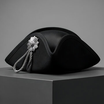 Top-down flat lay composition of a Napoleon era bicorne hat, perfect V-shape silhouette, textured wool felt surface, subtle wear and tear on the edges, placed on an antique velvet cushion, neutral bei