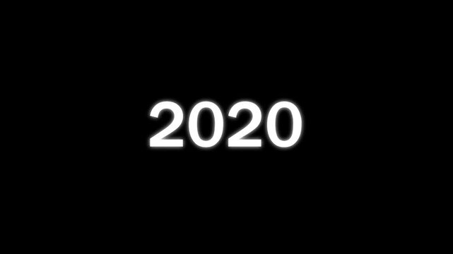 White glowing numbers representing the year 2020 centered on a solid black background for a simple minimalist calendar or time related