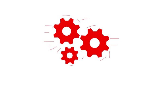 Three red mechanical gears rotating together on a solid white background representing teamwork collaboration and industrial engineering processes