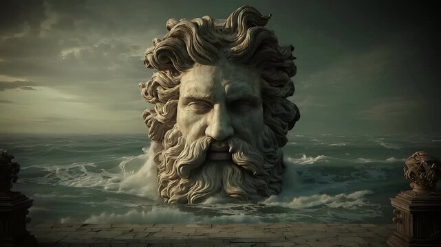 Greek mythology sea god Poseidon. Fantasy. A dramatic portrayal of a colossal statue of a bearded man with flowing hair, set against a backdrop of a stormy sky. The statues face is the central focus.